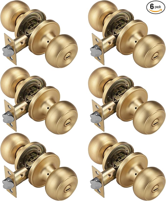 6 Pack Gold Door Knobs for Privacy, Brass Door Knob Interior for Bath & Bedroom with Turn Lock