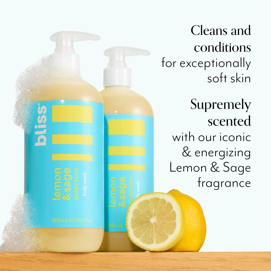 Bliss Soapy Suds Body Wash - Lemon and Sage - 17 Fl Oz - Gentle and Hydrating for Supremely Soft Skin - Paraben Free - Vegan & Cruelty Free