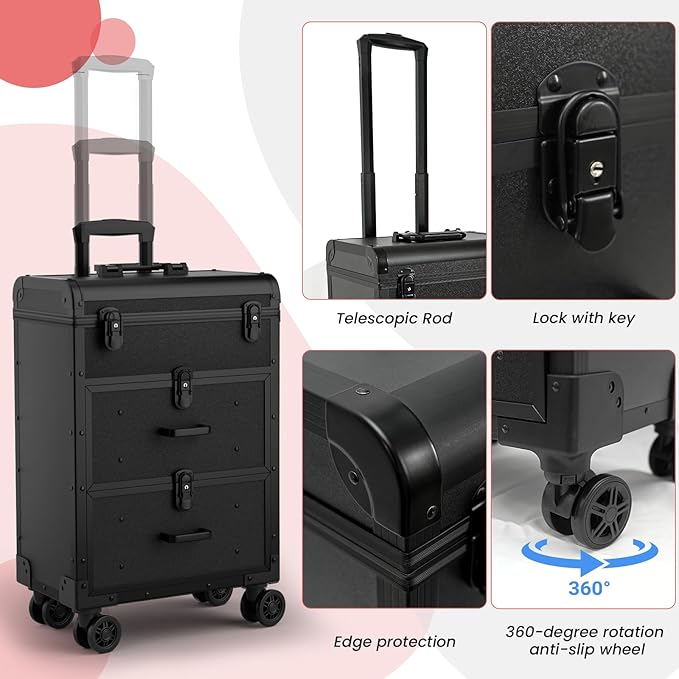 ALUROICE Large Rolling Makeup Train Case, Professional Travel Cosmetology Case on Wheels with Drawers, 3 Tiers Nail Organizers Storage Case for Nail Tech, Tattoo, Hairstylist, Makeup, Large