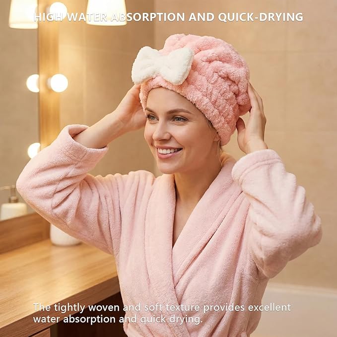 AZSRKRBM 4-Pack Microfiber Hair Towel Cap for Short/Medium Hair, No Twist, No Tug, Soft Absorbent Drying Hat with Bow for Women - Great for Skincare, Makeup, Shower