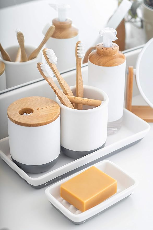Full Circle Pick Me Up Cotton Swab and Q-Tip Canister, White & Bamboo