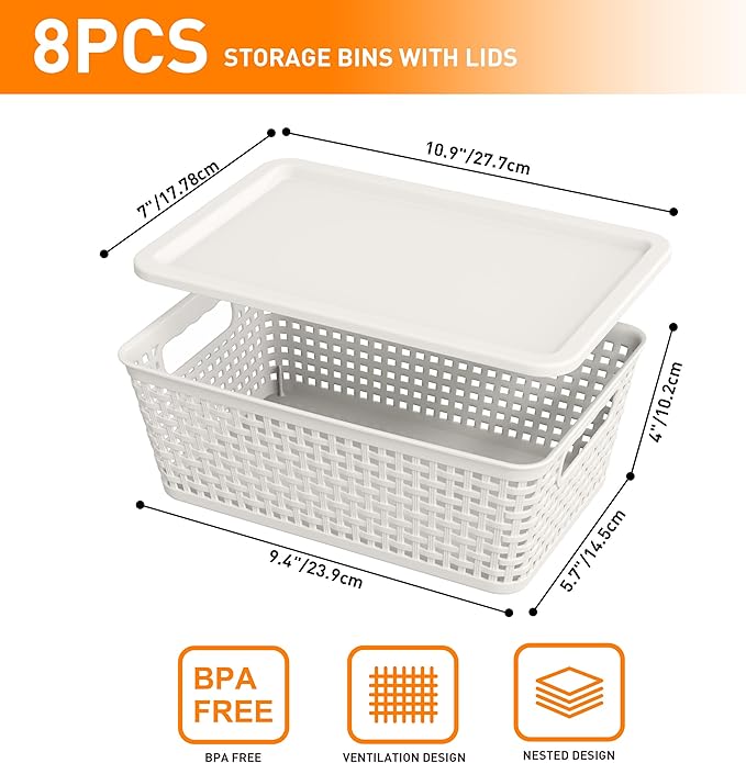 Anywish Plastic Storage Baskets With Lid, Storage Bins for Organizing, Stackable Decorative Containers for Shelves Drawers Desktop Closet Playroom Classroom Office, 8 Pack-White