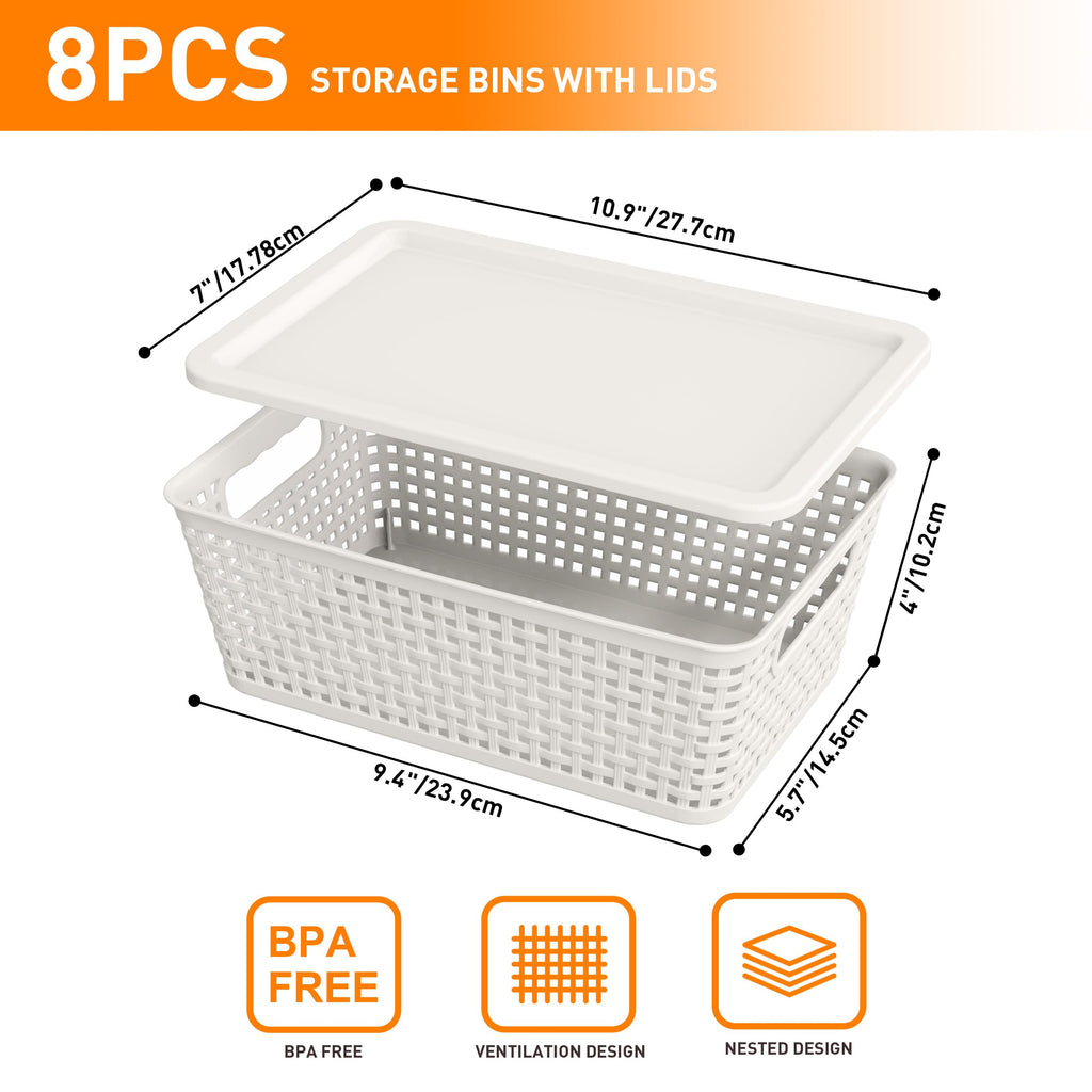 Anywish Plastic Storage Baskets With Lid, Storage Bins for Organizing, Stackable Decorative Containers for Shelves Drawers Desktop Closet Playroom Classroom Office, 8 Pack-White