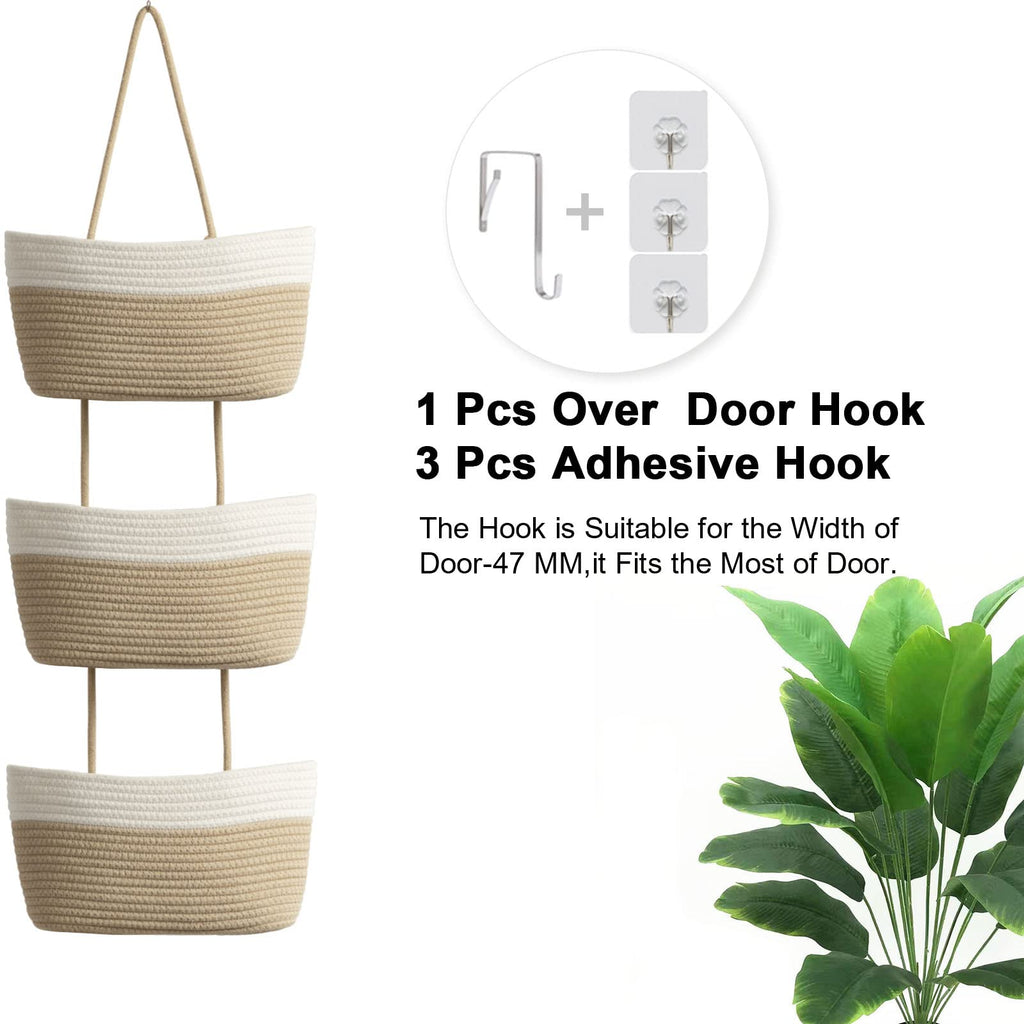 TeoKJ Over the Door Hanging Basket, 3-Tier Woven Cotton Wall-Mounted Storage Organizer Bag Decorative Hanging Nursery Baskets, White & Jute