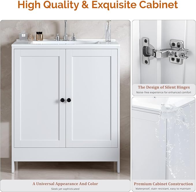 VINGLI 30 Inch White Bathroom Vanity with Sink, Modern Freestanding Sink Vanity with Soft-Close Doors and Storage Shelves, White Bathroom Cabinet with Single Hole Ceramic Basin for Small Bathrooms