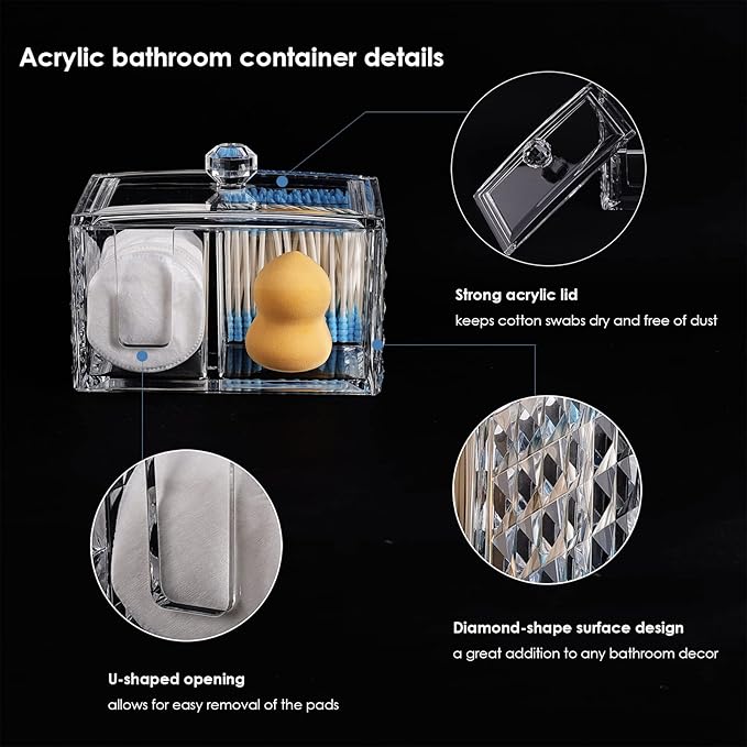 OYATON Cotton Swab Holder - Compact Bathroom Canister with Lid and 3 Compartments for Organizing Cotton Ball, Swab, Pad - Acrylic Bathroom Storage Jar Compatible with Q Tips