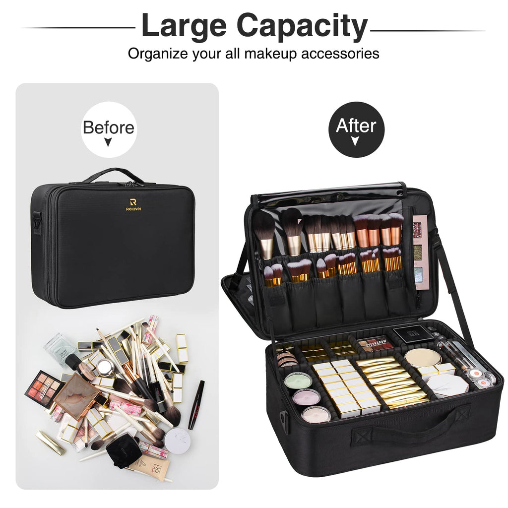 MONSTINA Large Makeup Case, 3 Layers Makeup Bag Cosmetic Organizer Brush Bag Barber Train Case Makeup Artist Box for Hair Curler Hair Straightener Brush Set and Cosmetics