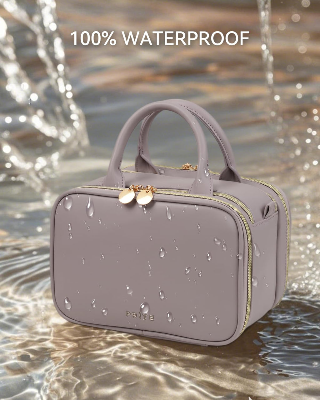 Prite Large Makeup Bag, Waterproof Travel Cosmetic Case with Brush Holder