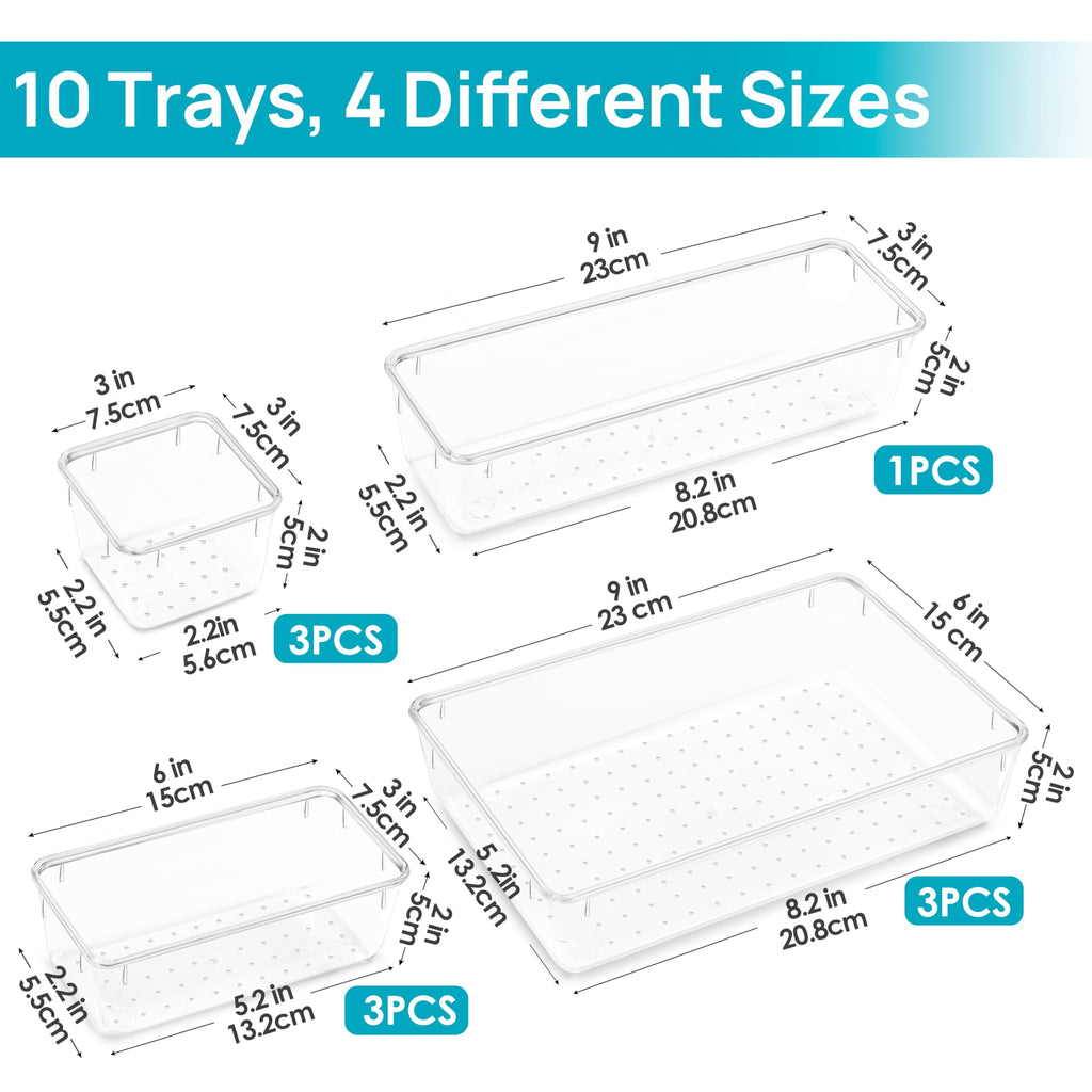 Vtopmart 10 Pack Clear Drawer Organizer Bins, 4 Sizes Makeup Storage Trays