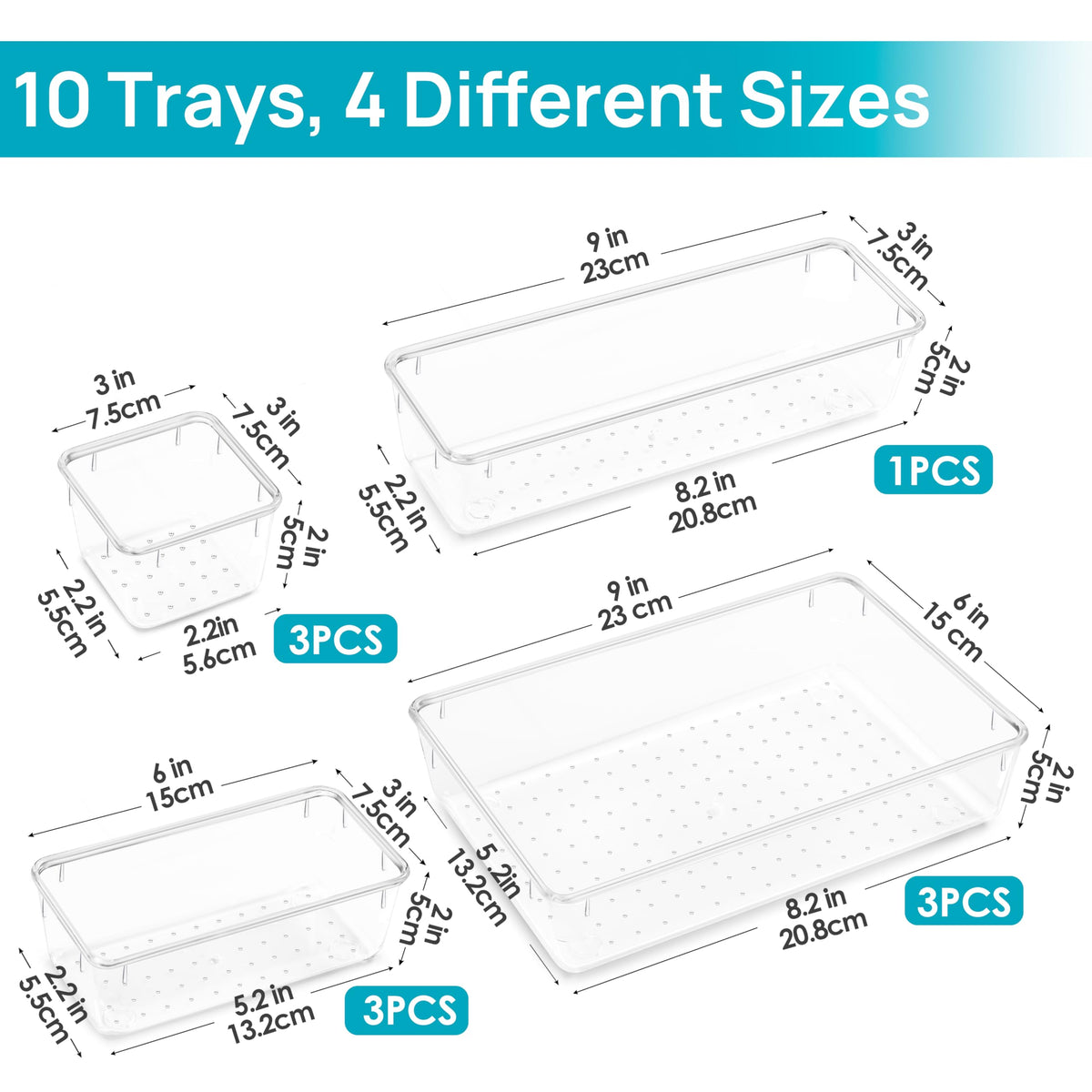Vtopmart 10 Pack Clear Drawer Organizer Bins, 4 Sizes Makeup Storage Trays