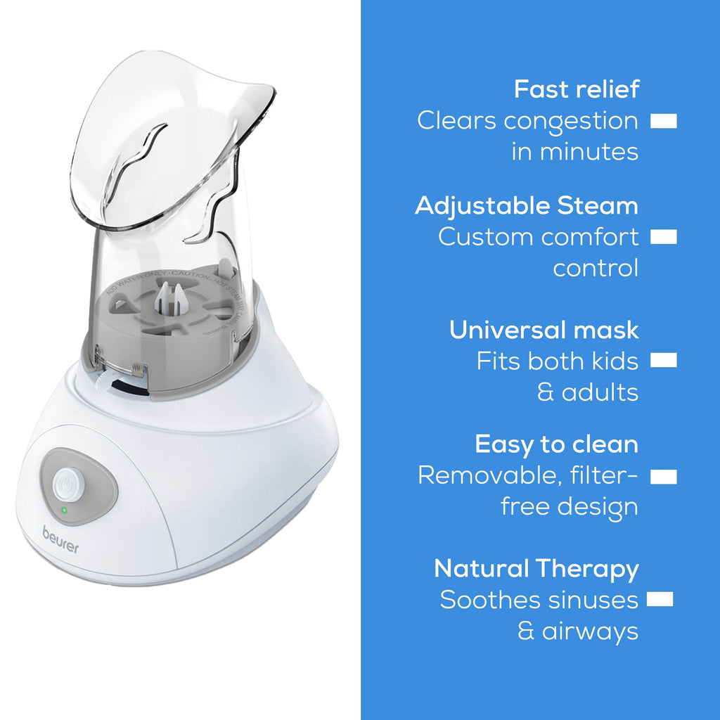 Beurer SI30 Steam Inhaler for Sinus Congestion & Allergies, Drug-Free, Quick 3-5 Minute Setup, Ultra-Quiet, Face Steamer with Variable Steam Control, Universal Mask, FSA/HSA Eligible
