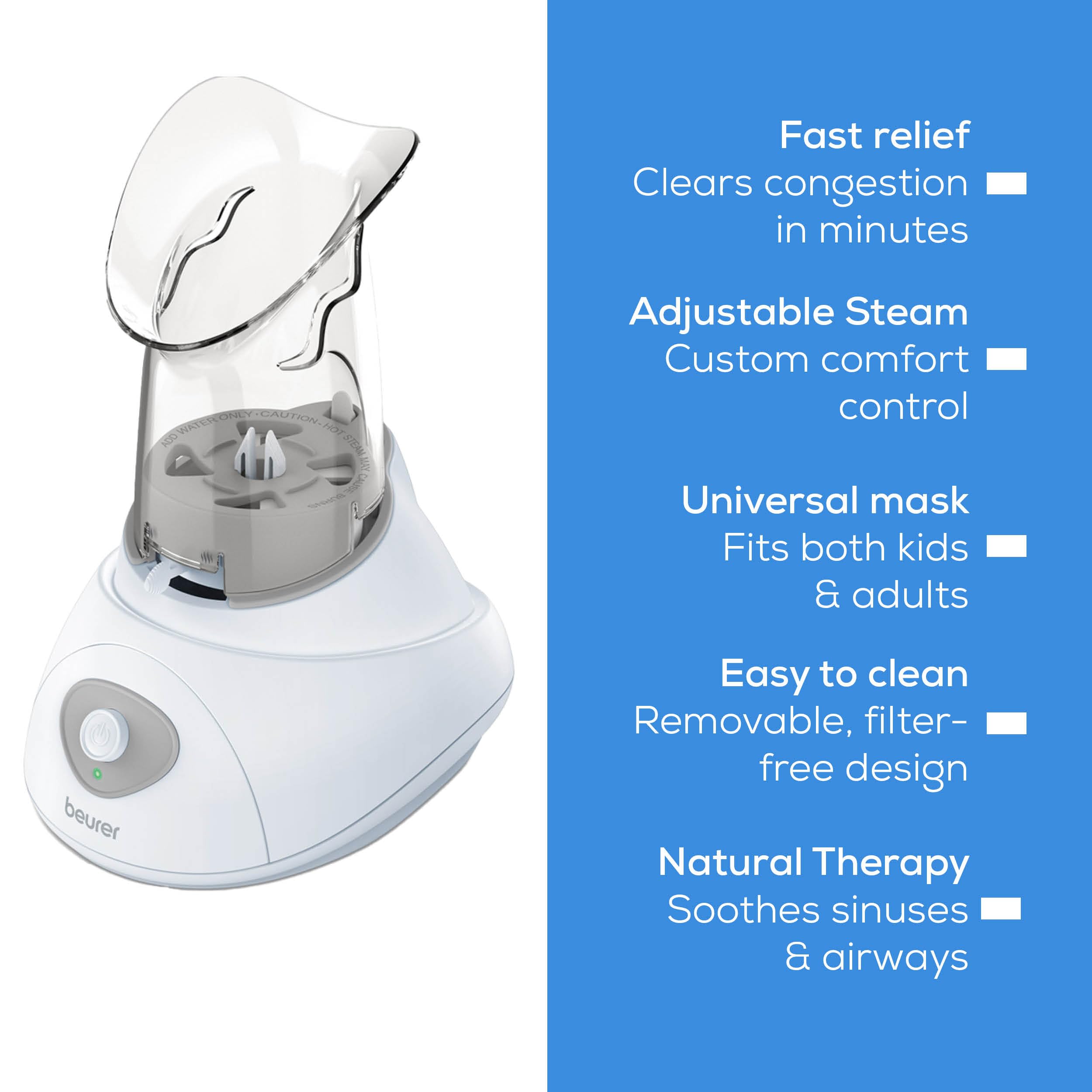 Beurer SI30 Steam Inhaler for Sinus Congestion & Allergies, Drug-Free, Quick 3-5 Minute Setup, Ultra-Quiet, Face Steamer with Variable Steam Control, Universal Mask, FSA/HSA Eligible