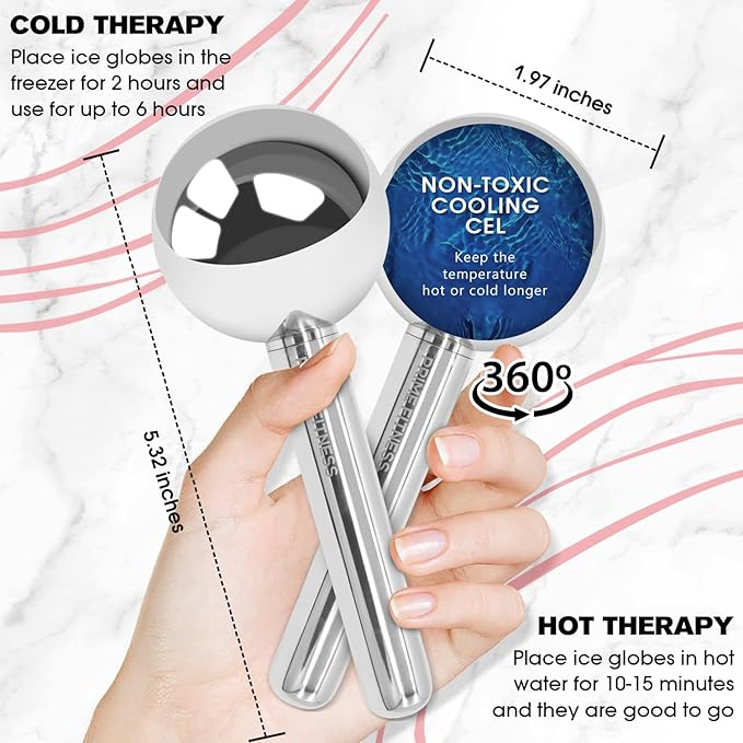 Ice Globes for Facials | Unbreakable Steel Cooling Roller | Cryo Sticks for Face | Massager for Face Neck & Eyes | Skin Care for Dark Circles, Puffiness, (STEEL 360 Rotating) (STELL l360 Rotating)