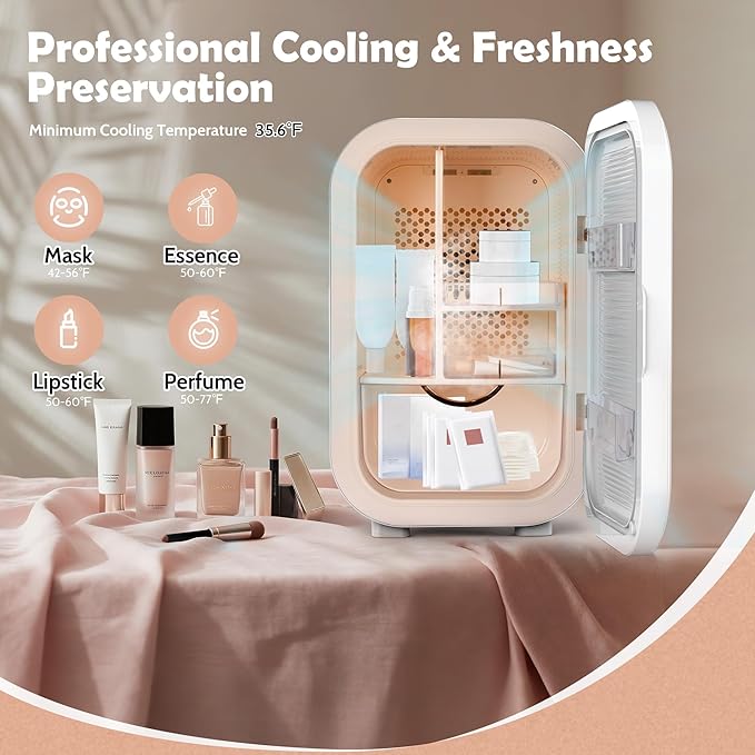 Kikihouse 22L Mini Skincare Fridge, Beauty Fridge for Cosmetic Storage, 44°F Intelligent Temperature Control, Personal Small Makeup Refrigerator for Bedroom, Dorm