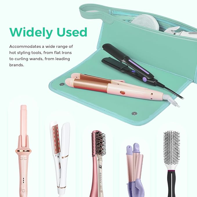 Hair Tools Travel Bag and Heat Resistant Mat, 2 in 1 Portable Organizer Hair Travel Case for Curling Iron, Hair Straightener, Flat Irons, PU Hangable Handle, Neoprene (Blue-Green)