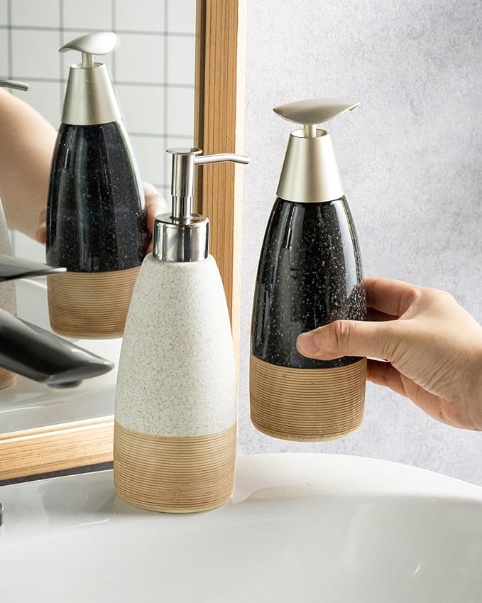 12oz Dish Soap Dispenser with 2 Pumps for Hand Soap, Shampoo, Lotion, Conditioner, Ceramic Refillable Soap Bottle with Silicone Funnel for Easter Bathroom, Kitchen, Speckled White