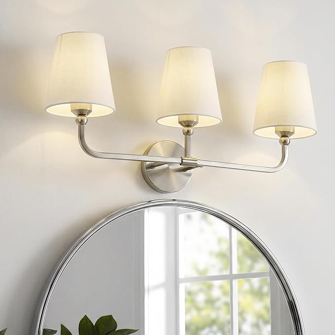 3-Light Bathroom Light Fixtures, Brushed Nickel Vanity Lights with Beige Fabric Shade, Modern Sconces Wall Lighting for Hallway Bedroom, Upward Lighting, VL837-BN-B-3