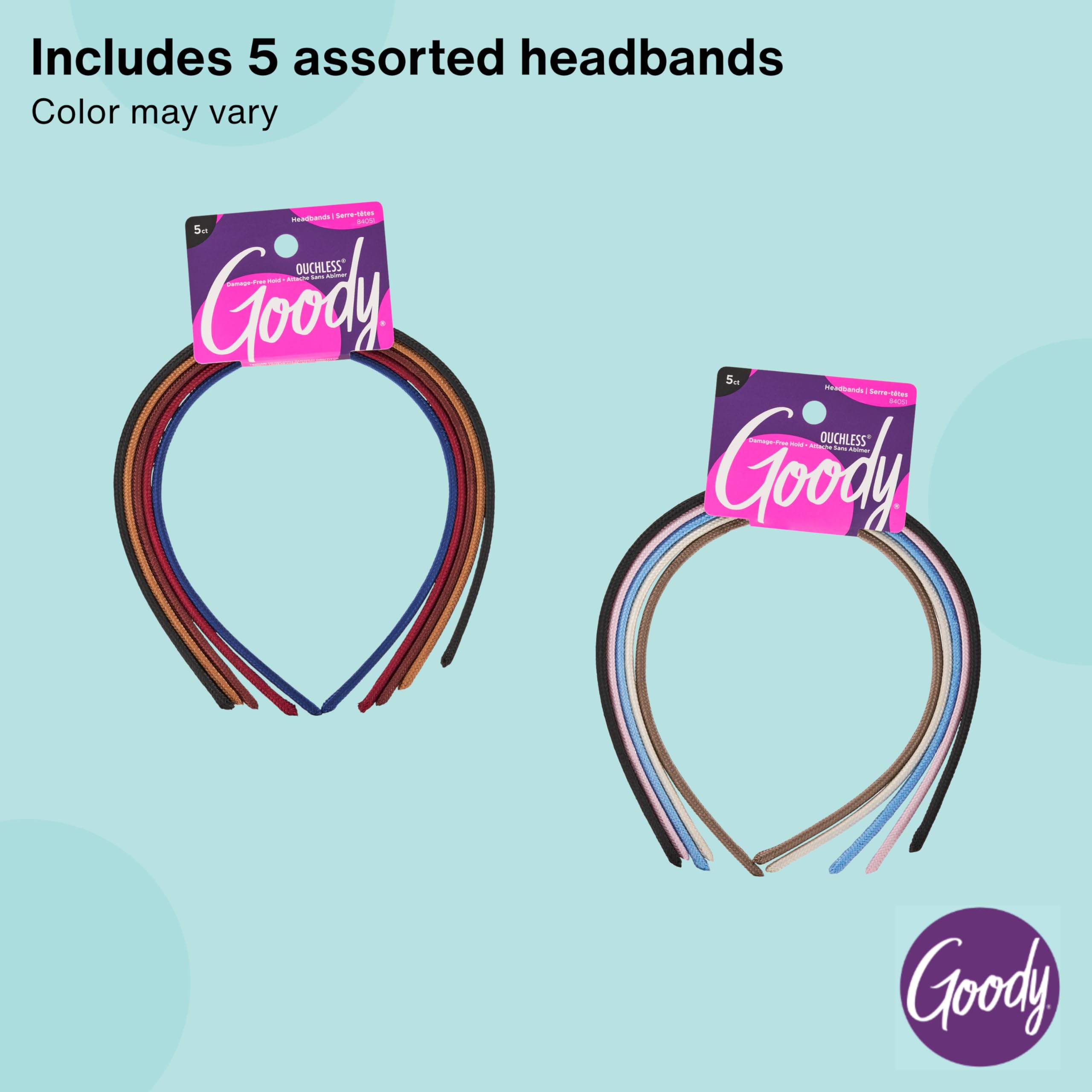 Goody Ouchless Shoestring Headbands, 5 Ct, Assorted Colors, Stylish & Lightweight Thin, Damage-Free Fabric Headbands for Women & Men, All-Day Comfort, For All Occasions, All Hair Types