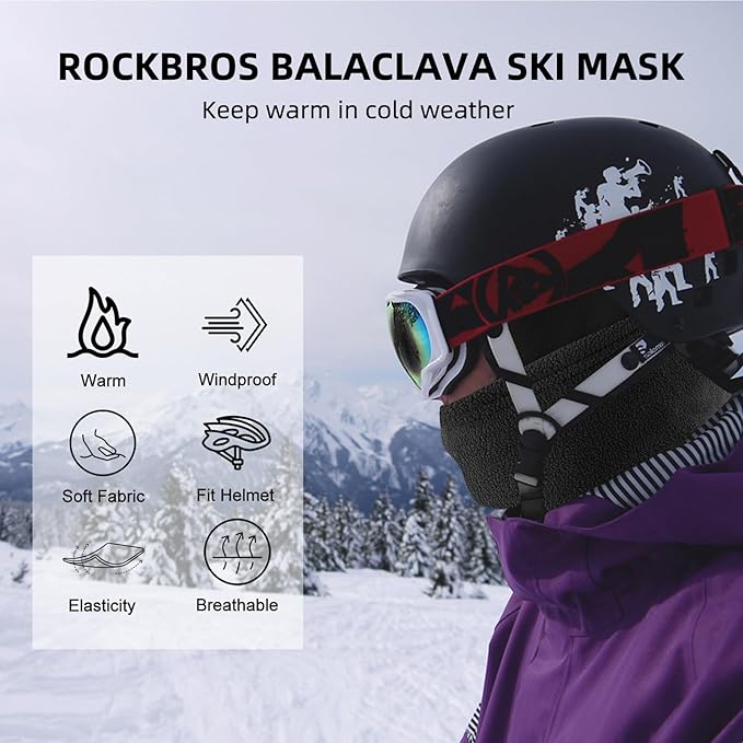 ROCKBROS Cold Weather Balaclava Ski Mask for Men Windproof Thermal Winter Scarf Mask Women Neck Warmer Hood for Cycling (Thick-Fleece Black)