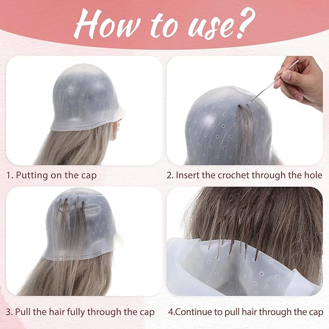 LIQWEI Punched Silicone Highlight Hair Cap with Needle, Professional Reusable Highlighting Poked Hole Caps with Hooks for Color Hair Salon Hairdressing Dyeing Staining Tools for Women Men
