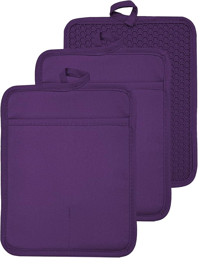 VEIKERY Oven Pot Holder with Pocket Cotton Heat Resistant Coaster Potholder Kitchen Hot Pad Oven Mitts for Cooking and Baking Square 7"x9" (Purple, Silicone)