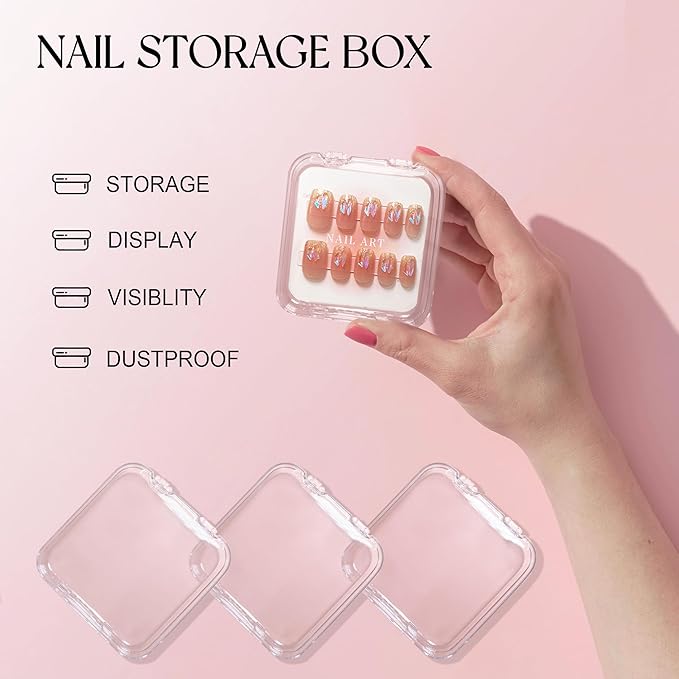 9 Pcs Press On Nail Storage Box, Transparent Acrylic Fake Nail Case with 9 Display Cards and 2 Sheets of Double-Sided Adhesive Tape (20 Strips) for Nail Art Home Salon Packaging Use