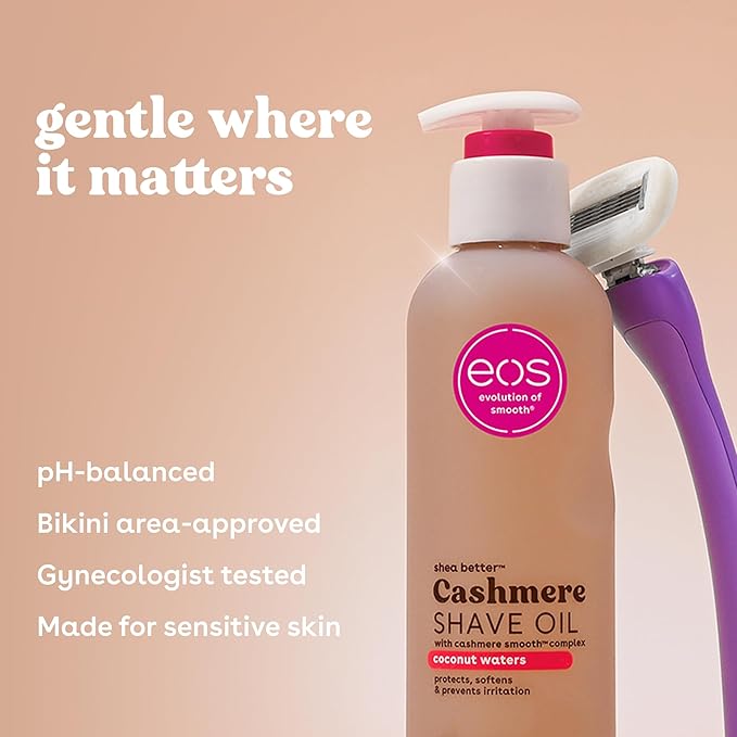 eos Cashmere Shave Oil – Coconut Waters, Moisturizing Shave Oil with Shea Butter & Glycerin, Helps Prevents Irritation & Razor Burn, Vegan, 6 fl oz