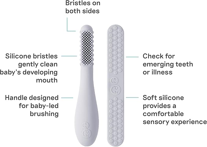 ezpz Baby-Led Toothbrush + Tongue Depressor Dual Pack (Pewter) - 100% Silicone Toothbrush + Silicone/Stainless Steel Tongue Depressor - Helps Set-up Infants for a Healthy Oral Care Routine