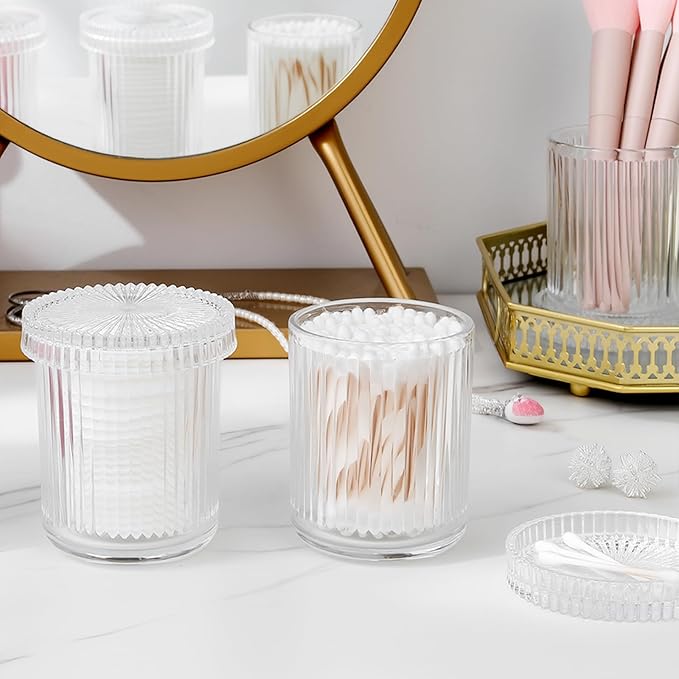 rejomiik Glass Qtip Holder Dispenser, Bathroom Canister Apothecary Jars with Lids, Vanity Makeup Accessories Storage Organizer for Cotton Swabs, Cotton Balls, Pads, Floss Picks, Clear