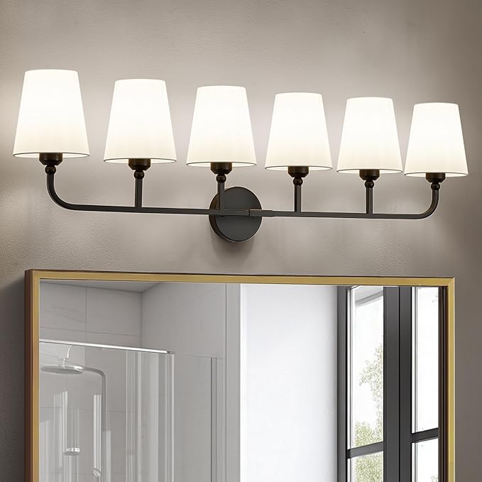 Bathroom Vanity Light, Matte Black Bathroom Light Fixtures, 6-Light Lighting Fixtures Over Mirror, Modern Wall Sconce with Flared White Fabric Shade, E26 Socket(ETL Listed)