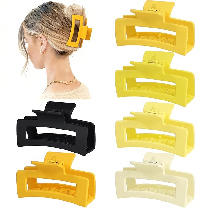 Sisiaipu 3.5 Inch Medium Hair Claw Clips 6 Pack Hair Clips for Women Square Rectangle Claw for Hair Banana Jaw Clips Hair Accessories for Girls (Yellow)