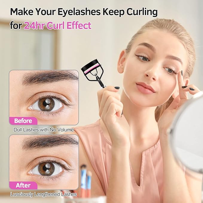 Eyelash Curlers Kit for Women w Lash Curler, Eyelash Comb Seperator, 3 in1 Mascara Brushes, Eyelash Extension Tweezers, Foldable Eyebrow Brush and Comb, 10 Silicone Refills Pads
