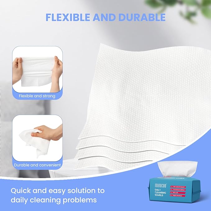 Mirucoo 100 Sheet Daily Cleansing Towels Ultra Soft Dry Wipes for Sensitive Skin Disposable Facial Washcloths 100% Organic Viscose (Pack of 1)