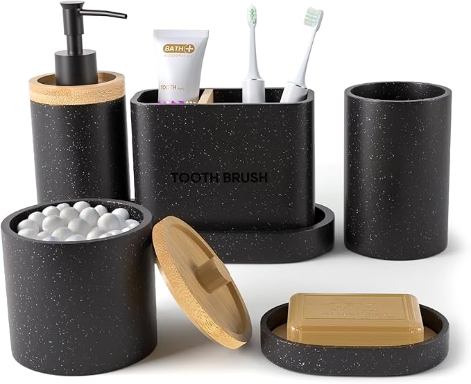 Bathroom Accessories Set Black, 6Pcs Bathroom Accessory Set, Large-Sized Toothbrush Holders Set Black, Soap Dispenser, Vanity Tray, Bathroom Tumbler, Apothecary Jars and a Soap Dish