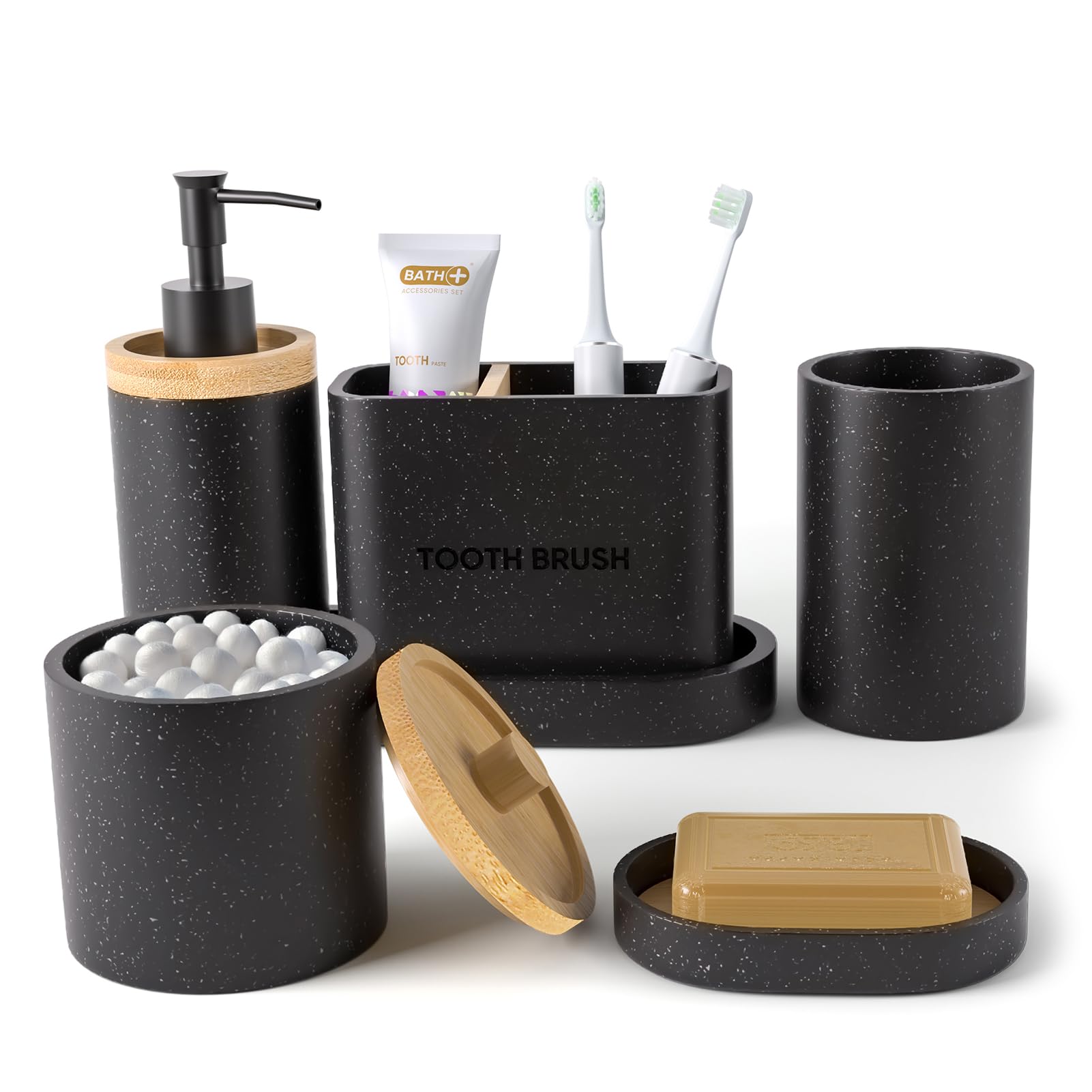 20PC Black Modern Bathroom Accessories Set with Shower Curtain, Toothbrush Holders, Soap Dispenser, Vanity Tray, Cotton Swab Jars, Bathroom Decor Organizer