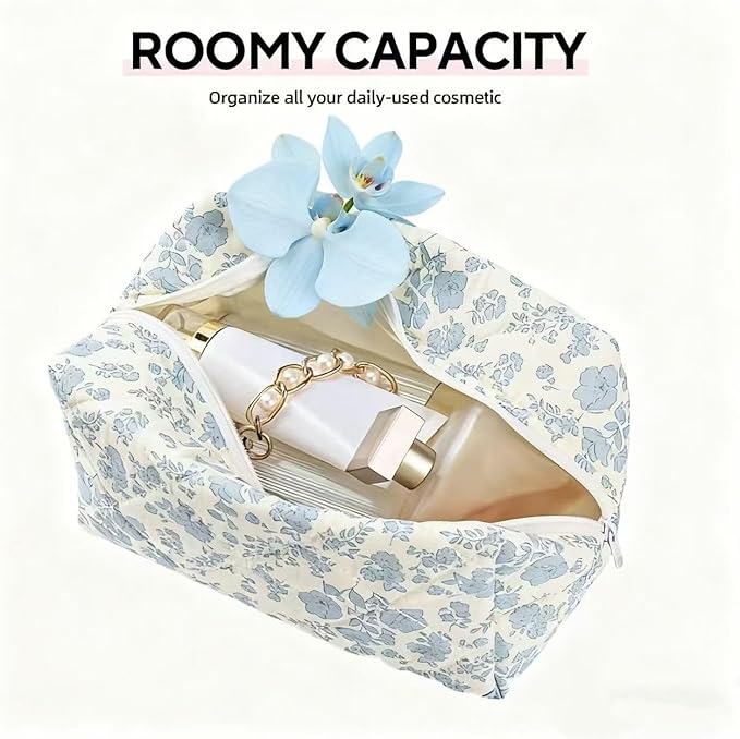MZLUWM Puffy Coquette Floral Quilted Makeup Bag - Large Fashionable Travel Pouch, Cute Blue