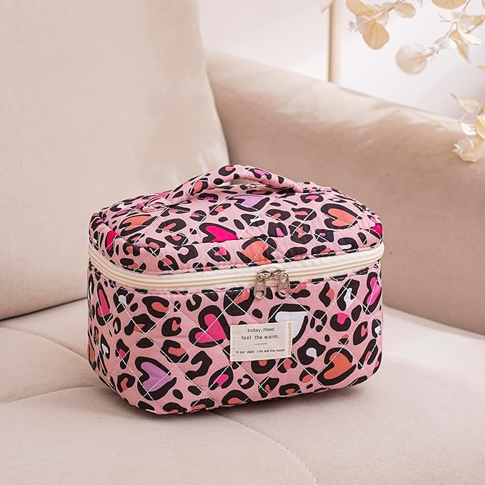 uekeboag Large Travel Quilted Makeup Bag for Women, Floral Cotton Cosmetic Bag, Coquette Aesthetic Floral Toiletry Organizer Bag(Pink Leopard