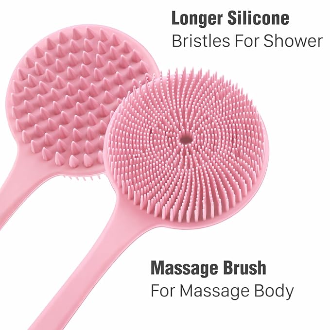 YouthRun Silicone Body Scrubber for Shower Men Women – Dual-Sided Exfoliating & Massage Shower Brush with Long Handle, Creates Rich Lather, Includes 1 Hook & 2 Lather Balls (Pink).