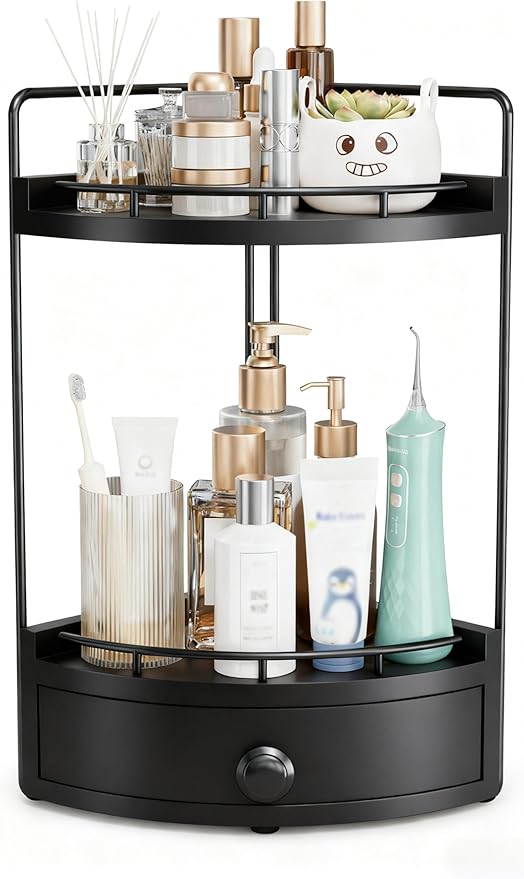 Aollewoiti 2-Tier Corner Bathroom Counter Organizer with Drawer, Black