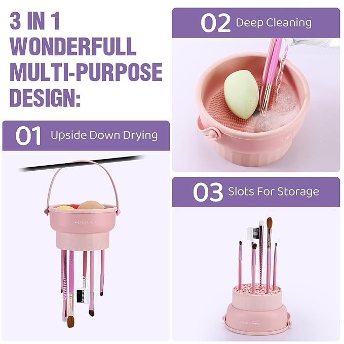 GOLIKEE 2 Pack Makeup Brush Cleaner Mat 3 in 1 Silicone Makeup Brush Cleaner Makeup Brush Cleaning Bowl Makeup Brush Sponge Scrubber Tool for Cleaning, Storage And Upside Down Drying（Two Pink