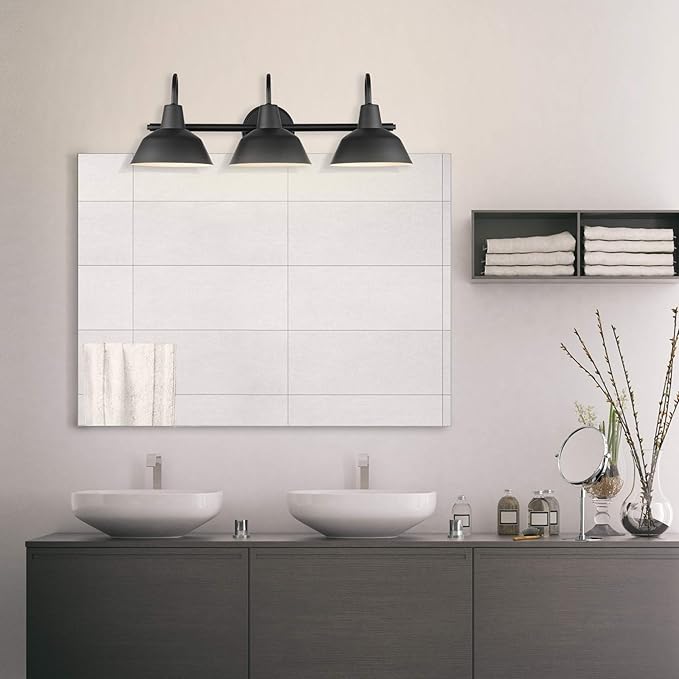 Globe Electric 51710 5-Piece Bathroom Accessory Set with 24-inch 3-Light Vanity Fixture, Matte Black Finish, Industrial Design, E26 Base, Towel Bar, Towel Ring, Robe Hook, Toilet Paper Holder