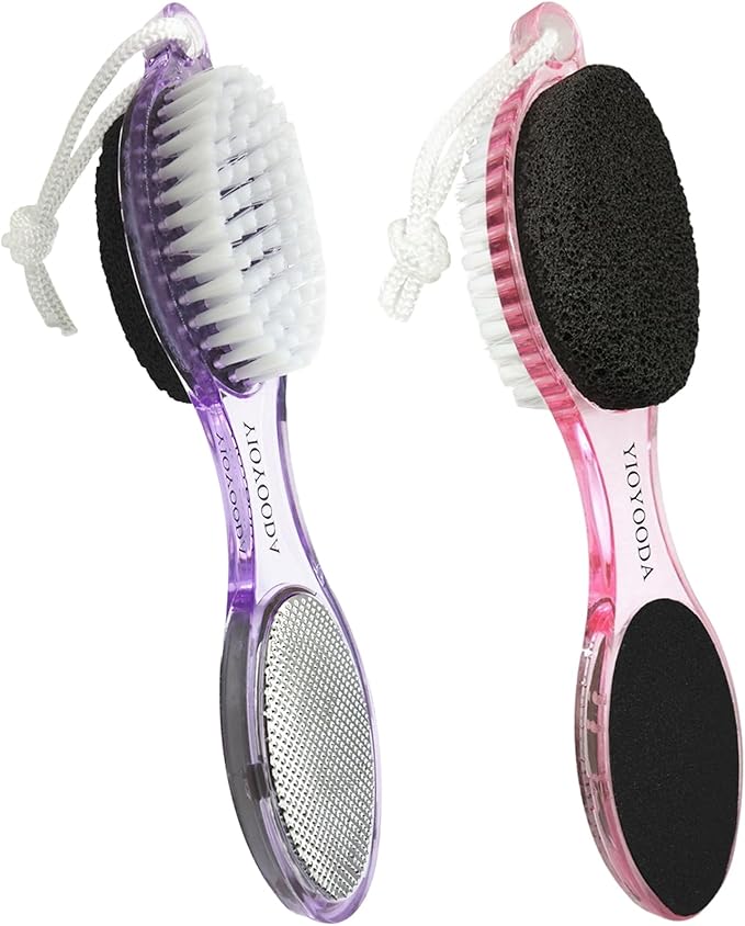 Foot File Callus Remover 4-in-1, Feet Scraper Pedicure Tools with Pumice Stone, Scrubber Brush, Foot Rasp and Sand Paper, Double Sided Multi Purpose, Clear Pink and Purple
