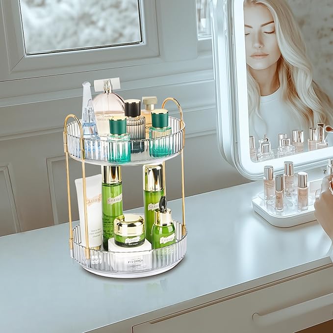 Niluks 360 Rotating Makeup Organizer - Large Capacity Spinning Perfume & Cosmetic Skincare Holder for Countertop (Pearl White, 2 Tier)