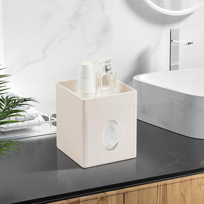 Cretkhp Tissue Box Cover, PU Leather Square Tissue Box Holder with Storage Tray for Bathroom Vanity Countertop Night Stands Bedroom Office Desk, Stylish Tissue Holder Decorative Organizer (Linen)