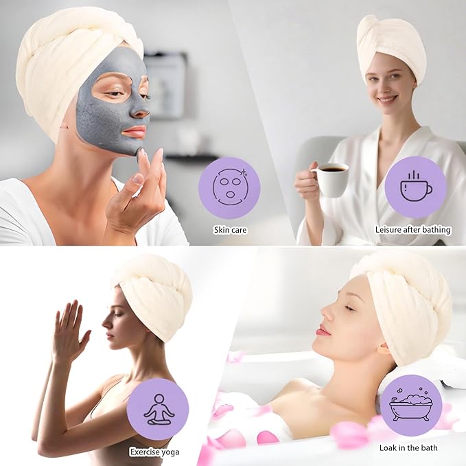 Microfiber Hair Drying Towel Wrap for Women, Hair Turbans Towel for Wet Hair,turbie Twist Hair Towels(The Color of the Picture is for Reference only) (Warm White)