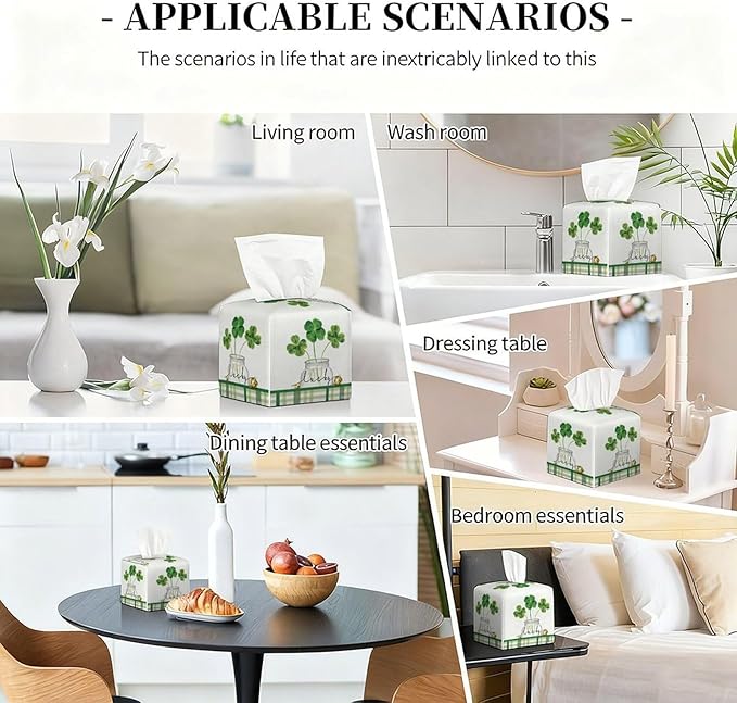 Lucky Clover Tissue Box Cover Leather Tissue Box Holder Square Facial Paper Organizer Dispenser for Bathroom Kitchen Bedroom Vanity Countertop Night Stands