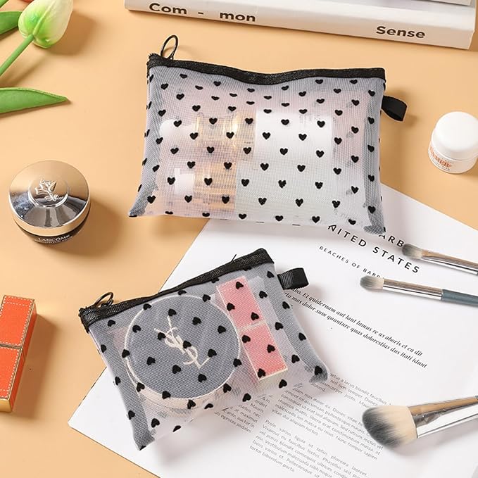 TRAKWAN 4-Piece Heart Printed Mesh Makeup Bag Set, Portable Travel Mesh Cosmetic Bags Toiletry Bags Makeup Purse Bags Mesh Zipper Storage Pouches for Home Offices Travel Accessories (White)