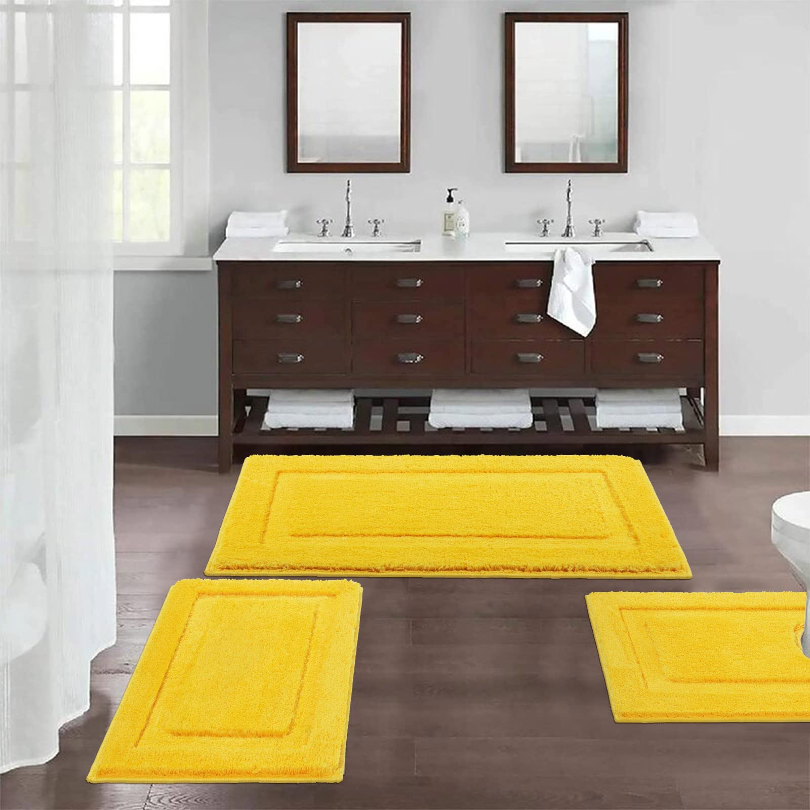 SHACOS Yellow Bathroom Rugs Sets 3 Piece Bath Mat U Shaped Toilet Rug