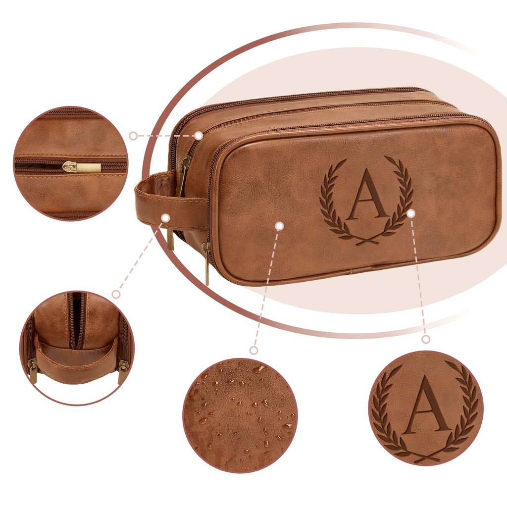 Travel Toiletry Bag For Mens PU Leather Engraved Initials (Yellow Brown B)