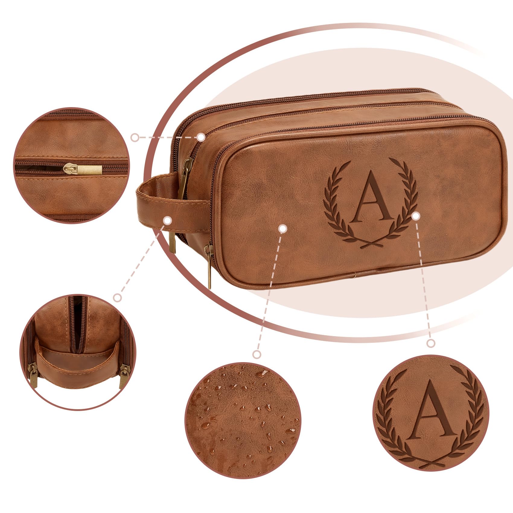 Travel Toiletry Bag For Mens PU Leather Engraved Initials (Yellow Brown A)
